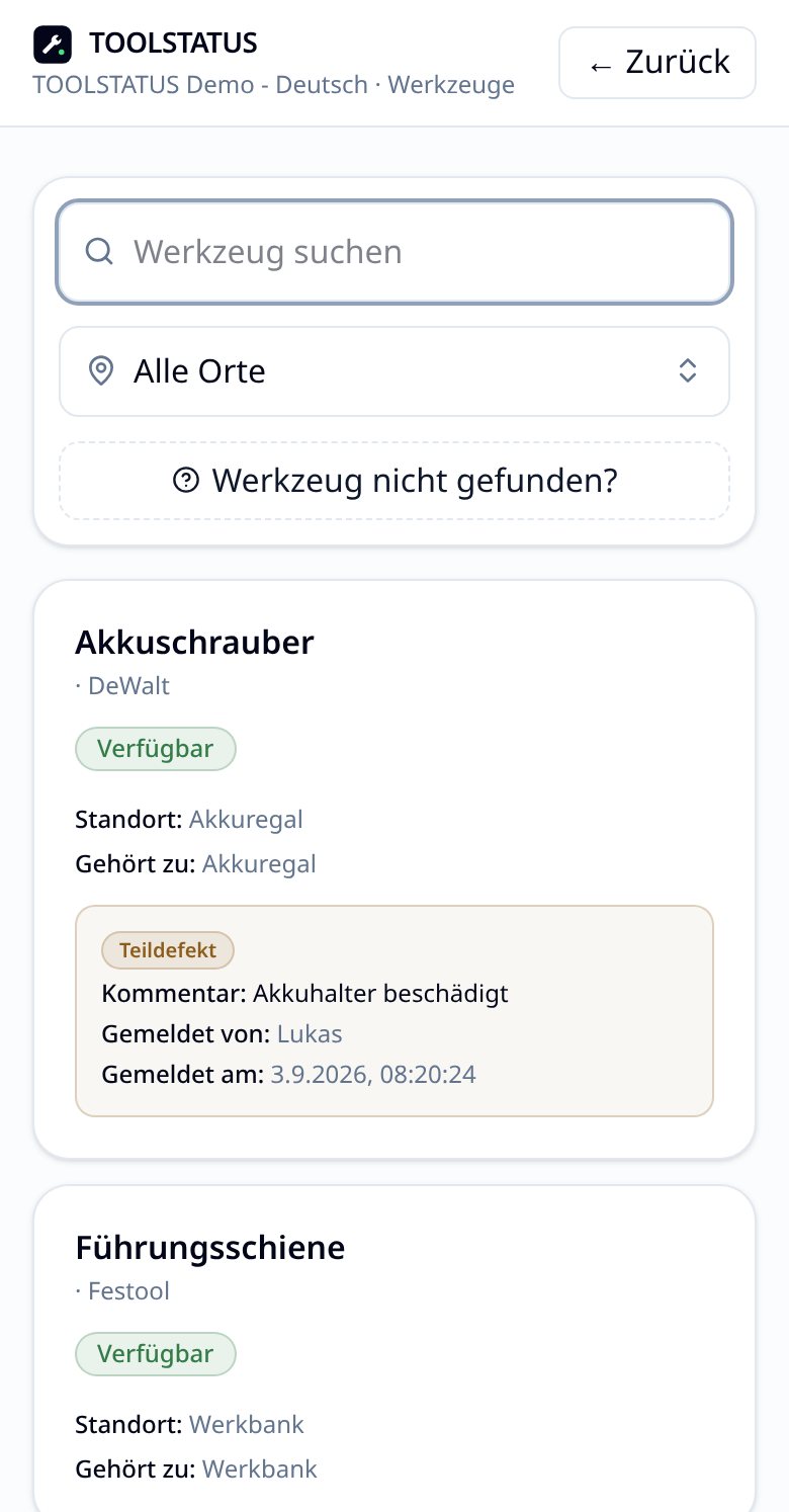 TOOLSTATUS auf dem Smartphone: Werkzeugübersicht mit Suche, Ortsfilter und echten Werkzeugen der deutschen Demo-Firma