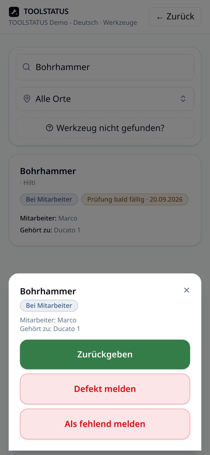 TOOLSTATUS auf dem Smartphone: geöffneter Bohrhammer mit den Möglichkeiten Zurückgeben, Defekt melden und Als fehlend melden